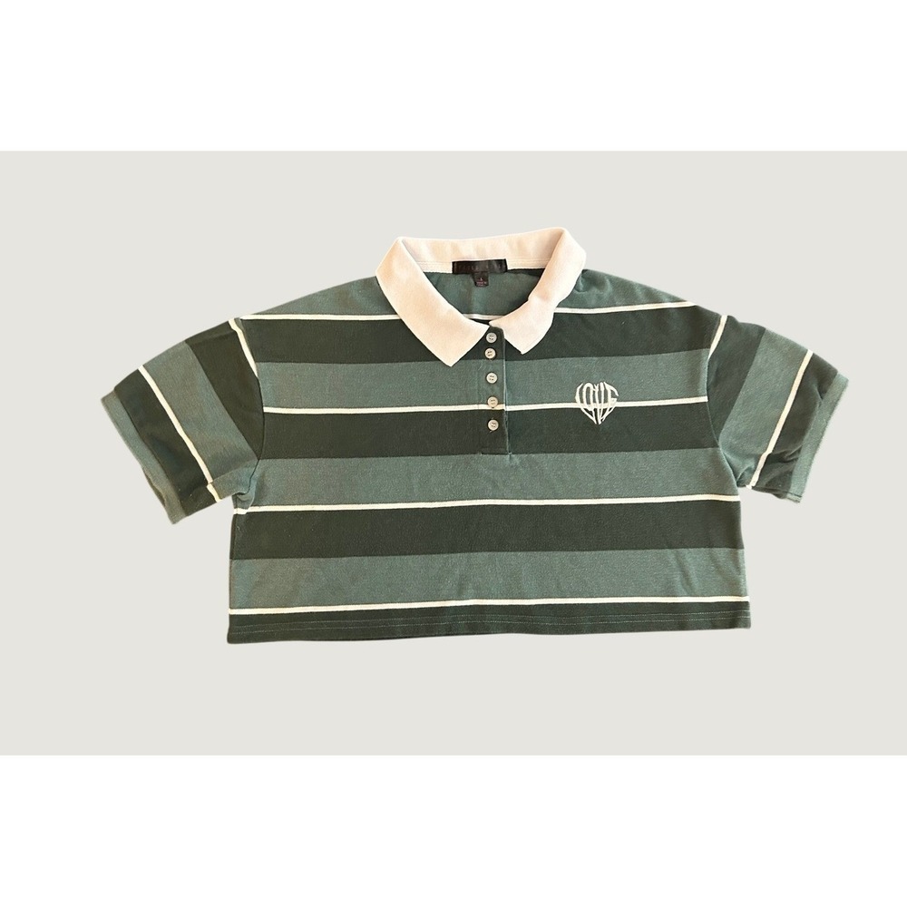 Faded Rose Green Striped Cropped Polo Shirt Love Heart Embroidered Large 1563